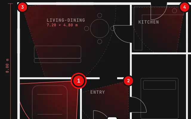 Floor plan of a house with four numbered cameras, the area each one covers and its measurements.