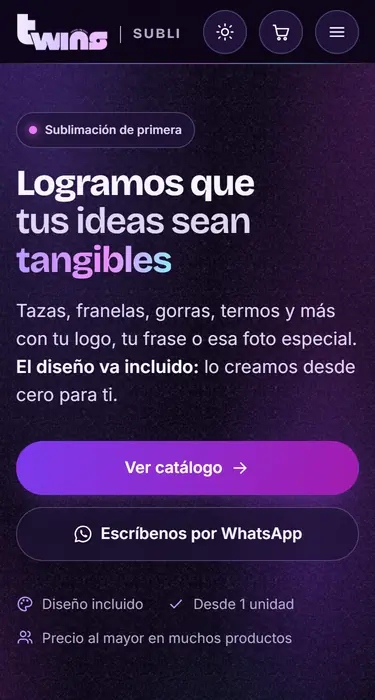 Twins Subli’s new home page on a phone: the logo, what they sell, the wholesale-pricing note and buttons to browse the catalog or message on WhatsApp.