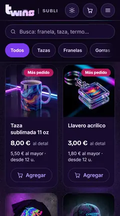 The new store’s catalog on a phone: every card with retail and wholesale prices and an Add button.